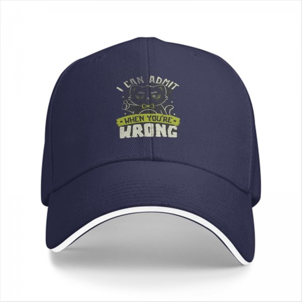 Black baseball cap with funny admitting wrong cat graphic