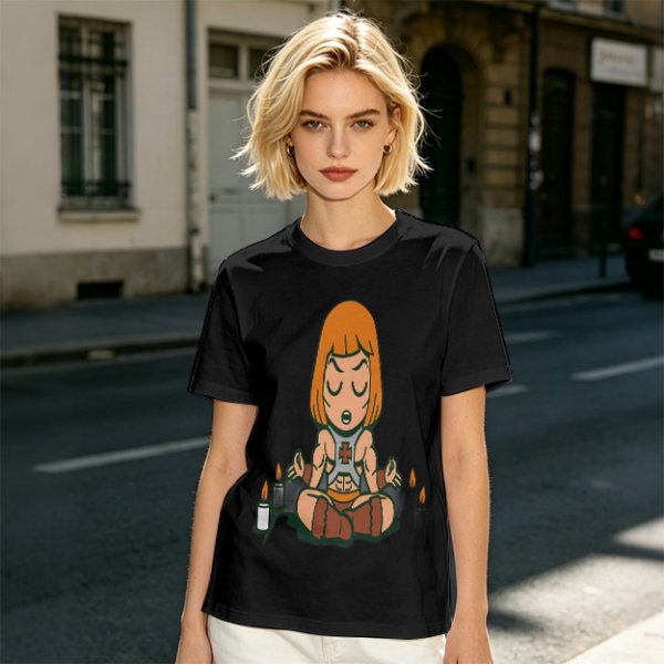 Olive T-shirt with cartoon muscular character meditating surrounded by candles