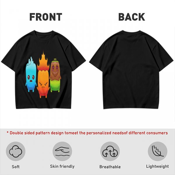 Olive T-Shirt With Cute Water Fire And Earth Elemental Characters