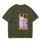 Olive green t-shirt with three-eyed cat couch killer tarot-style graphic