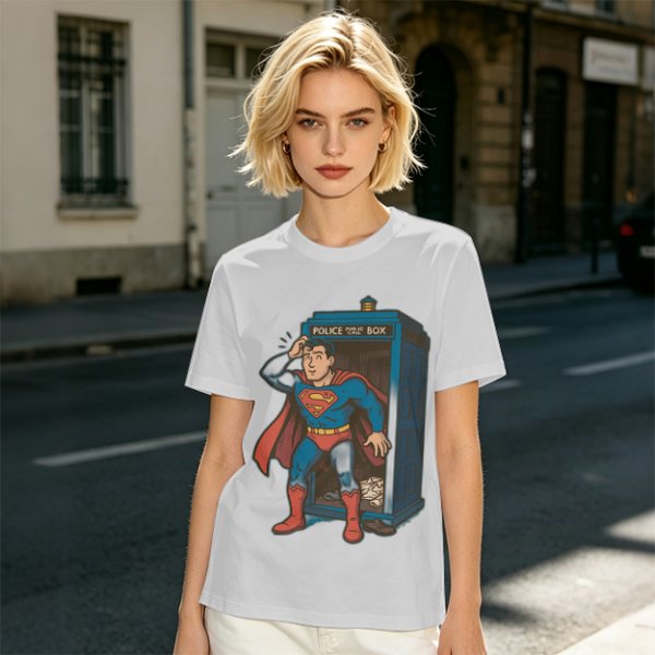 Olive T-shirt with Superman emerging from TARDIS police box graphic