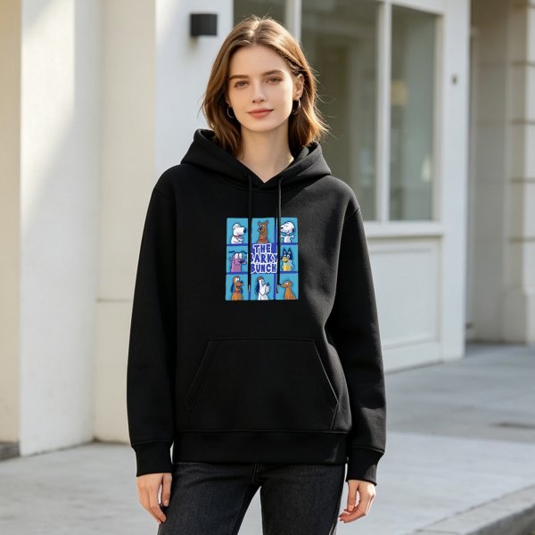 Black hoodie featuring The Barky Bunch cartoon dog characters