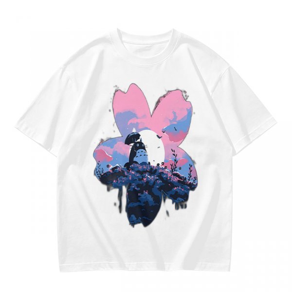 Olive T-Shirt with Sakura Flower and Whimsical Forest Creature Print