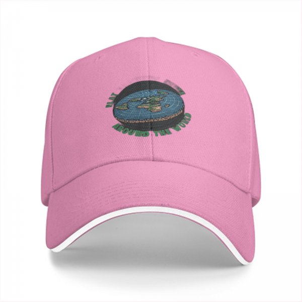Black baseball cap with flat earth 'around the world' graphic print