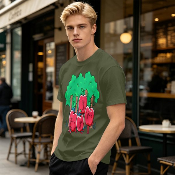 Olive T-Shirt With Cartoon Anthropomorphic Apples In Forest Print