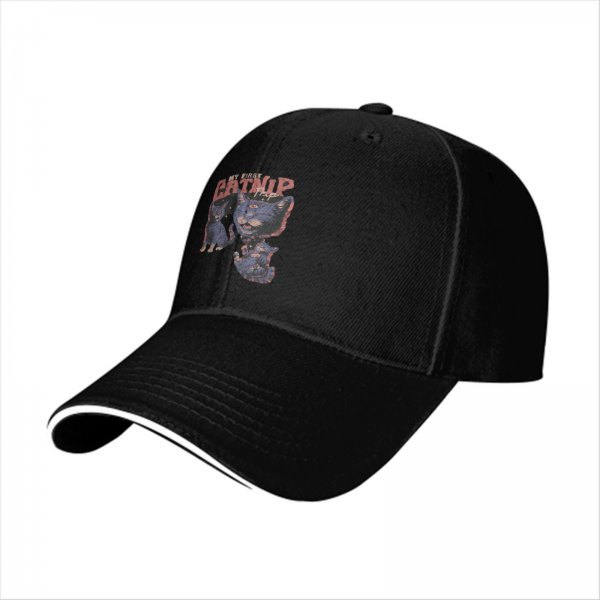 Black baseball cap with 'My First Catnip' and cat graphic print
