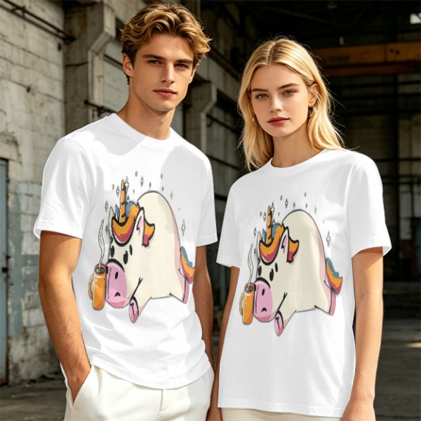 Olive T-Shirt With Tired Unicorn Holding Hot Coffee Print