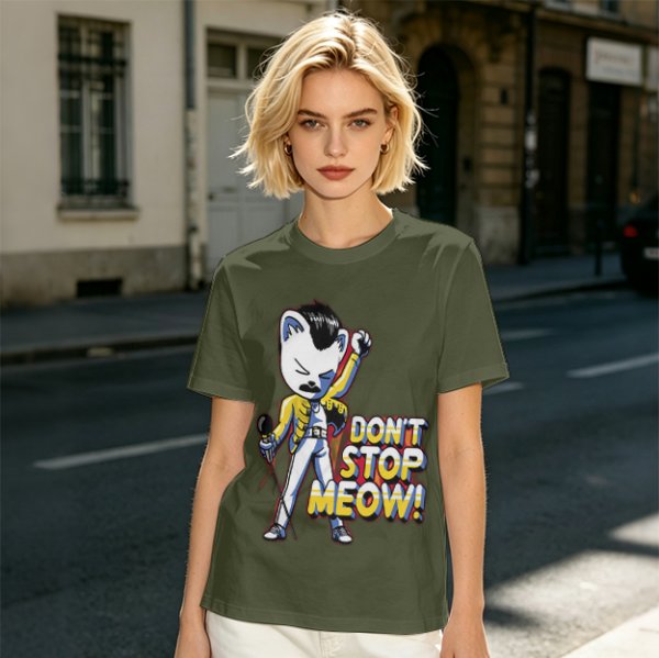 Olive graphic t-shirt with cat Freddie Mercury 'Don't Stop Meow' print