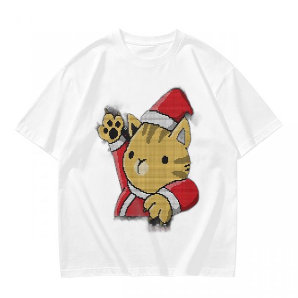Olive Green T-Shirt With Waving Christmas Cat Graphic