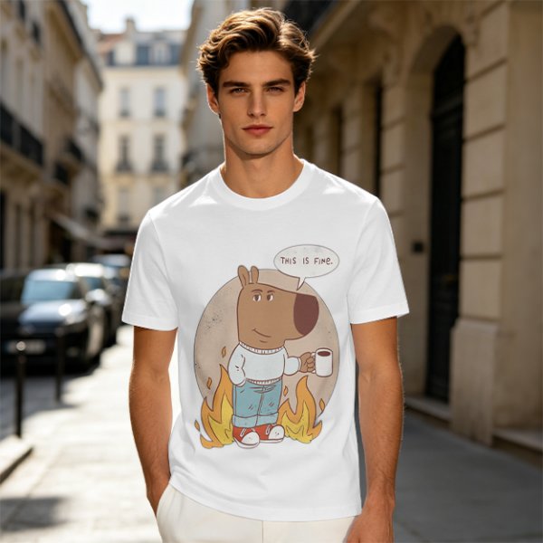 Olive T-Shirt Featuring the 'This Is Fine' Dog Meme Art