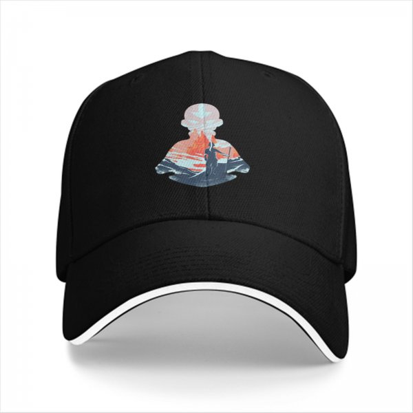 Black Baseball Cap With Mountain Hiker Silhouette Landscape Art