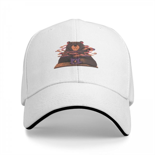 Black baseball cap with a bear holding a steaming coffee mug print