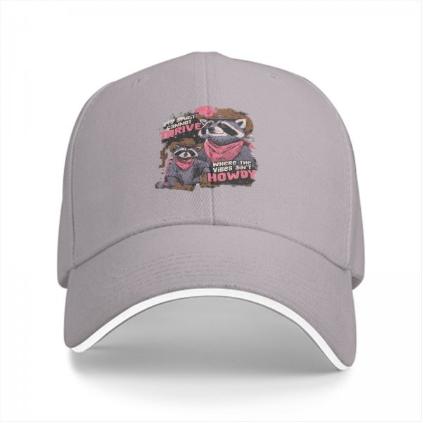 Black baseball cap with cowboy raccoon graphic and 'where the vibes ain't howdy' text
