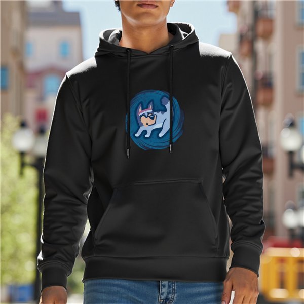 Black Hoodie With Cartoon Dog In Blue Swirl Graphic