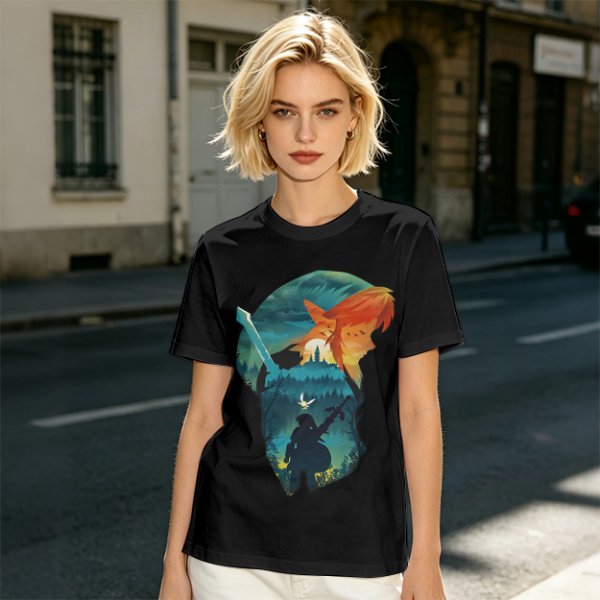 Olive green t-shirt with fantasy warrior silhouette graphic