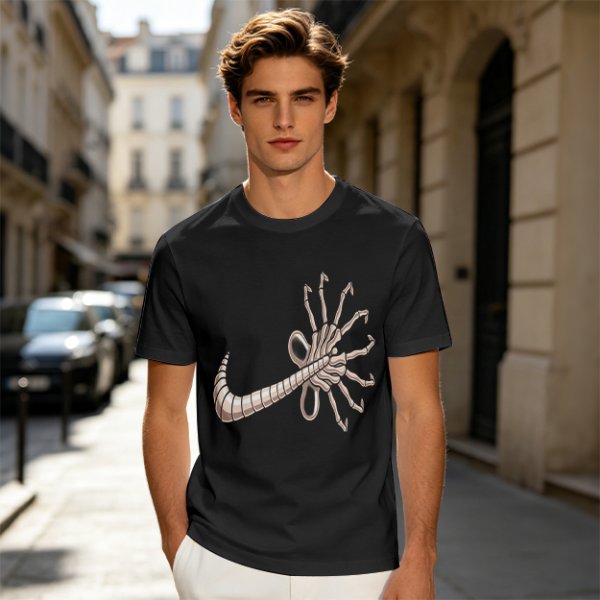Olive T-shirt with Alien Facehugger Swoosh Graphic Print
