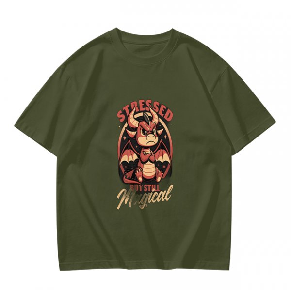 Olive graphic t-shirt with stressed but still magical dragon print