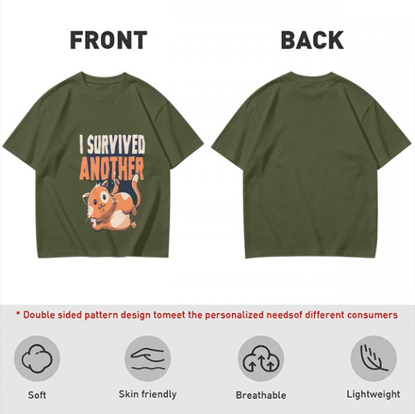 Olive T-Shirt with I Survived Another Playful Orange Cat Graphic