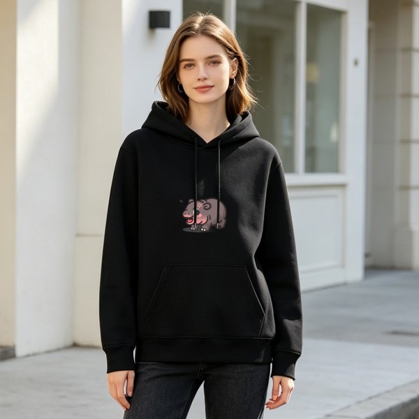 Black hoodie with cute angry cartoon hippo graphic
