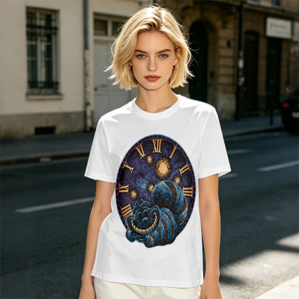 Olive T-Shirt with Cheshire Cat Clock Art Print