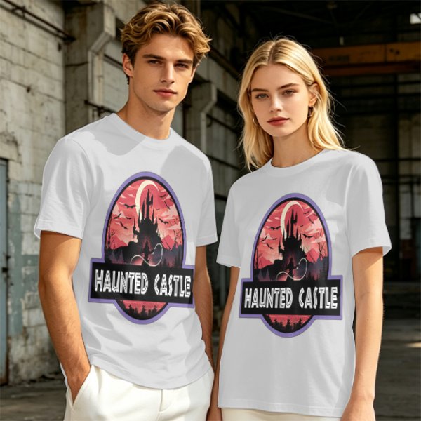 Olive T-Shirt with Haunted Castle Silhouette Graphic Design