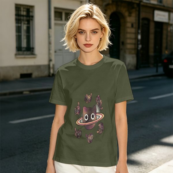 Olive T-Shirt With Saturn Cat And Kittens Space Print