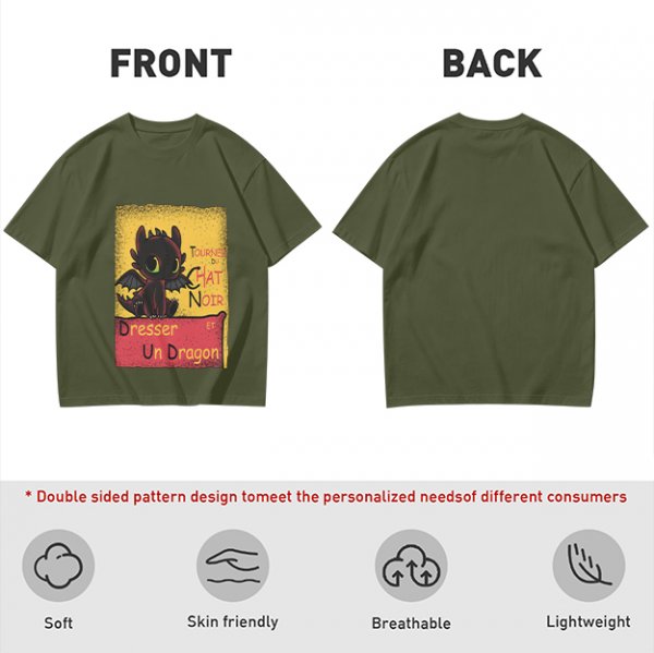 Olive t-shirt featuring Toothless dragon and Chat Noir themed text