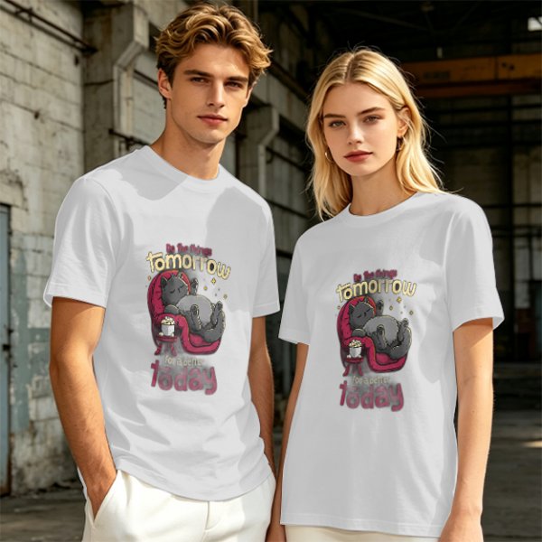 Olive T-Shirt With Relaxed Cat 'Tomorrow For A Better Today' Print