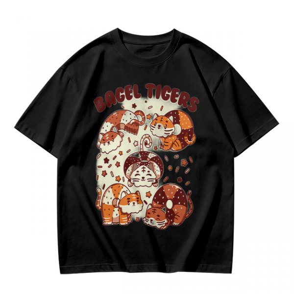 Olive Green T-Shirt With Cute Bagel Tigers Graphic Print