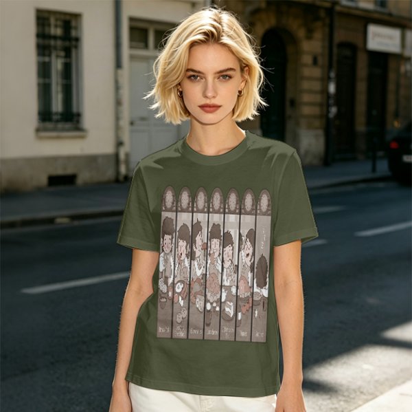 Olive Green T-Shirt with Cartoon Medieval Tavern Scene Print