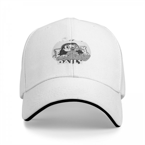 Black baseball cap with grayscale horror girl in bed graphic and DAILY text