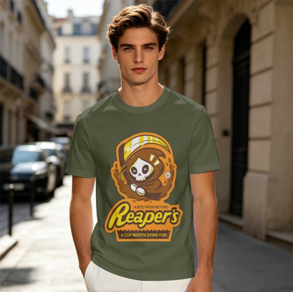 Olive green graphic t-shirt with cute reaper coffee themed print