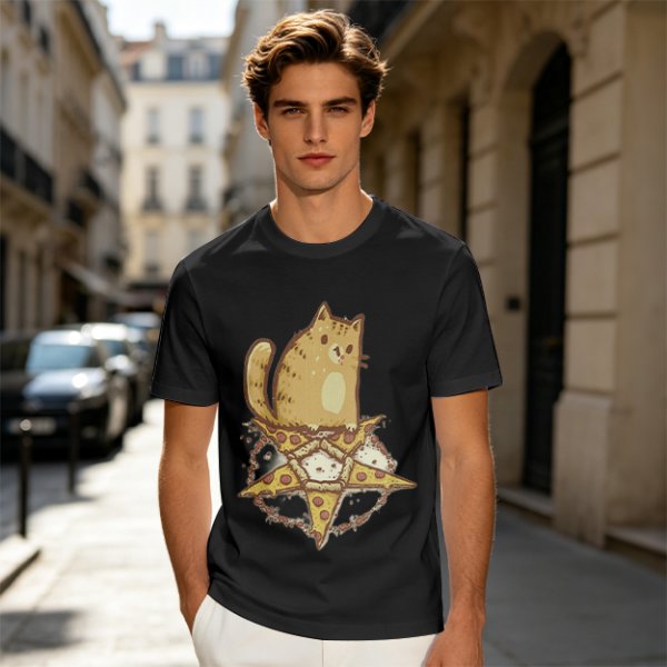 Olive T-Shirt With Cat Sitting On Pizza Pentagram Artwork