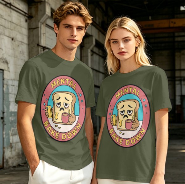 Olive T-Shirt with Sad Toast Holding Coffee and Phone Mental Bake Down Print