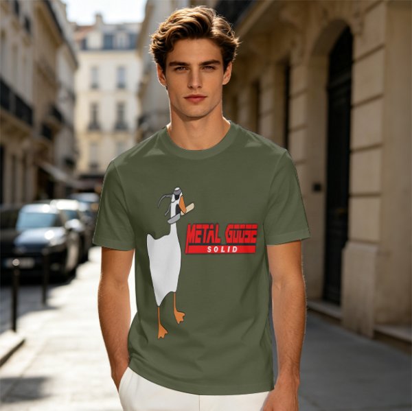 Olive T-Shirt With Metal Goose Solid Parody Graphic Print