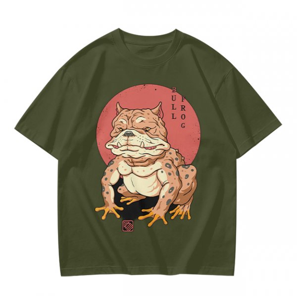 Olive Green T-Shirt With Bulldog Frog Hybrid Graphic Print