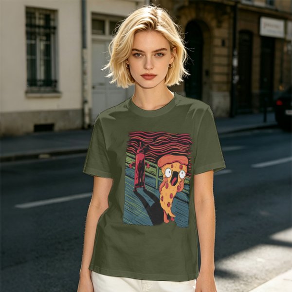 Olive T-Shirt With Funny Pizza Slice Scream Art Print