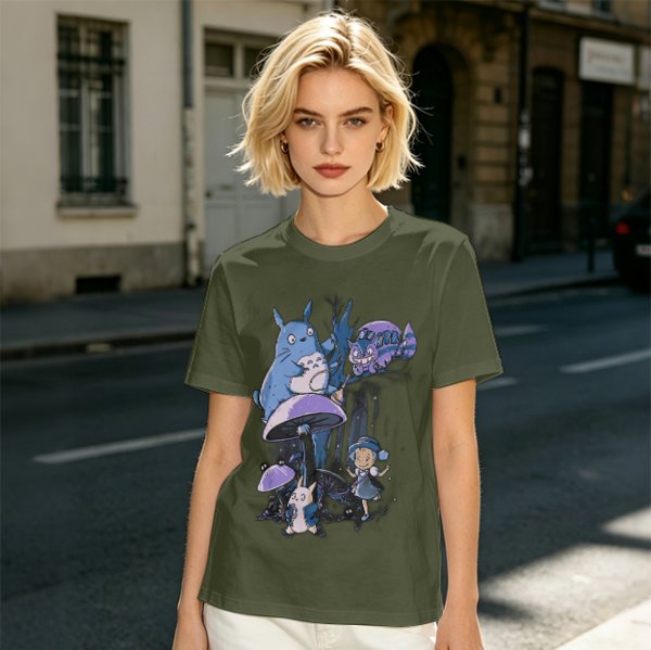 Olive T-Shirt with Whimsical Fantasy Creature and Character Print