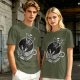 Olive T-shirt with skeleton relaxing in coffee cup graphic