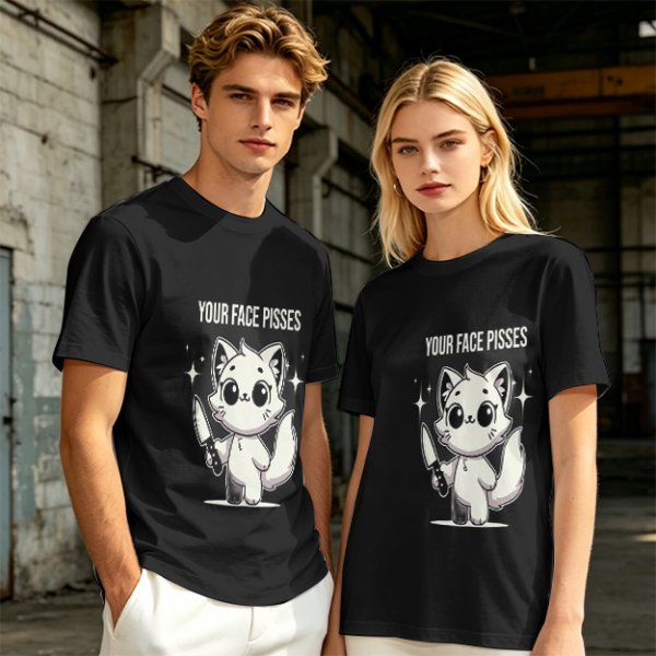 Olive graphic t-shirt with angry cartoon cat holding knife