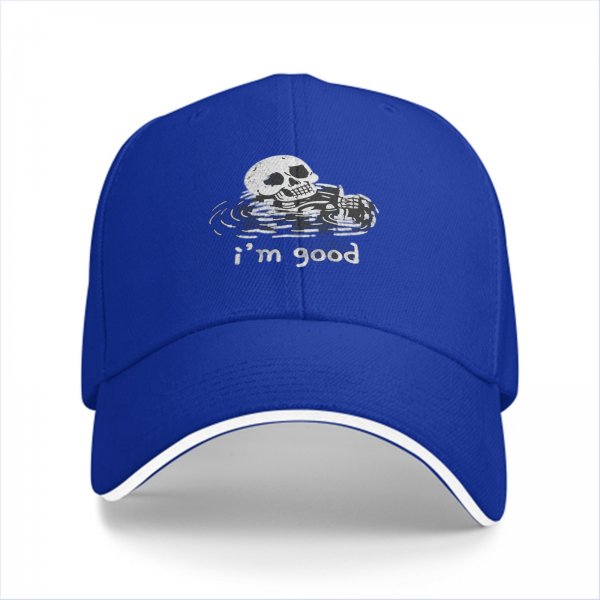 Black baseball cap with skull graphic and 'i'm good' text