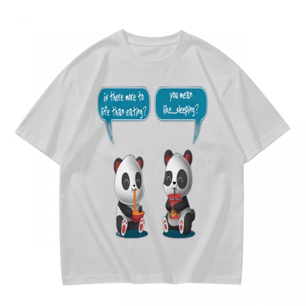 Olive t-shirt with pandas discussing life beyond eating and sleeping
