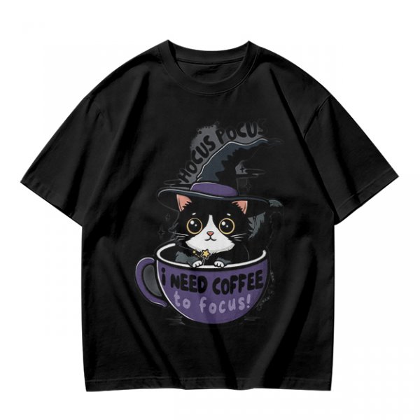 Olive t-shirt with witch cat in coffee cup 'Hocus Pocus I Need Coffee'