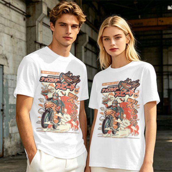 Olive green graphic tee with retro masked rider ramen motorcycle art