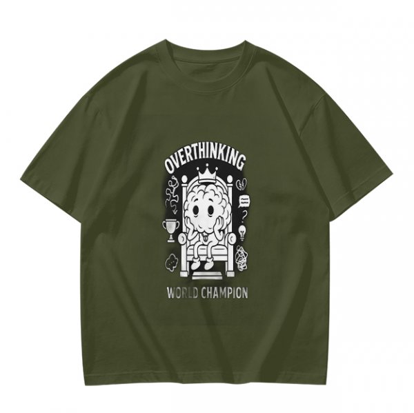Oversized Army Green T-Shirt with Overthinking World Champion Brain Graphic