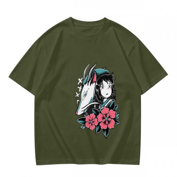 Olive T-shirt with Spirited Away Haku and Chihiro Anime Art Print