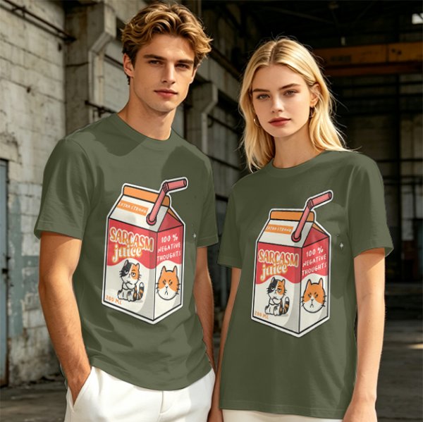Olive green t-shirt with sarcasm juice carton and grumpy cat print