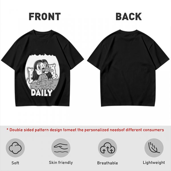 Olive green graphic t-shirt with bedridden cartoon girl and 'DAILY' text