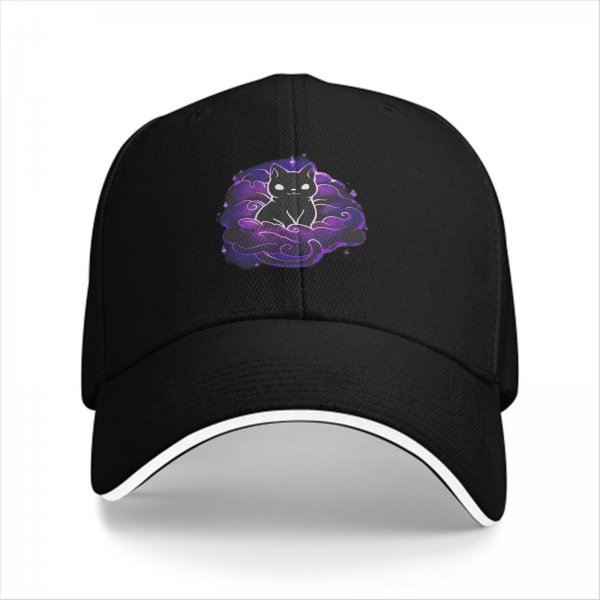 Black Baseball Cap With Purple Galaxy Cloud And Black Cat Print