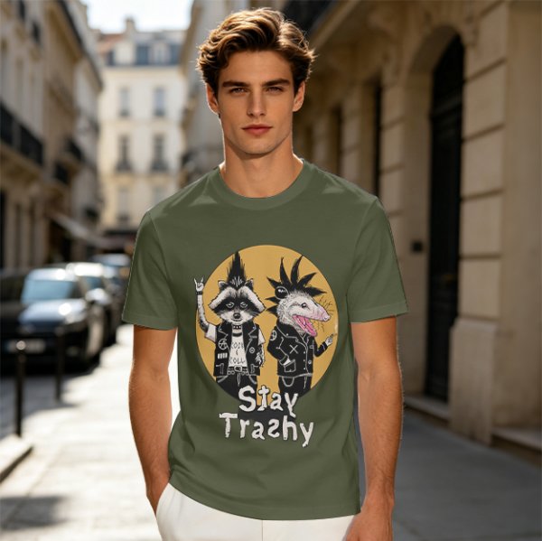 Olive graphic tee with punk raccoon and opossum 'Stay Trashy' print